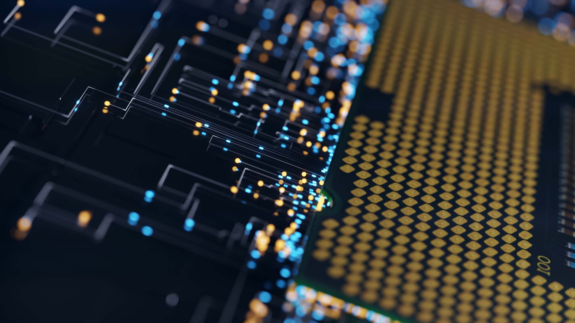 Stock image of a close up of semiconductor circuitry.