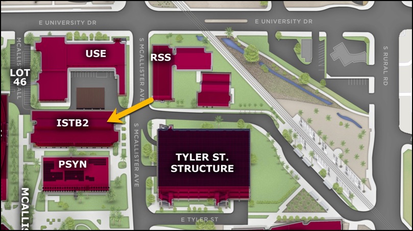 Inset map of the Tempe campus at Arizona State University. Features an arrow pointing to the ISTB2 building, near the corner of McCallister and University.