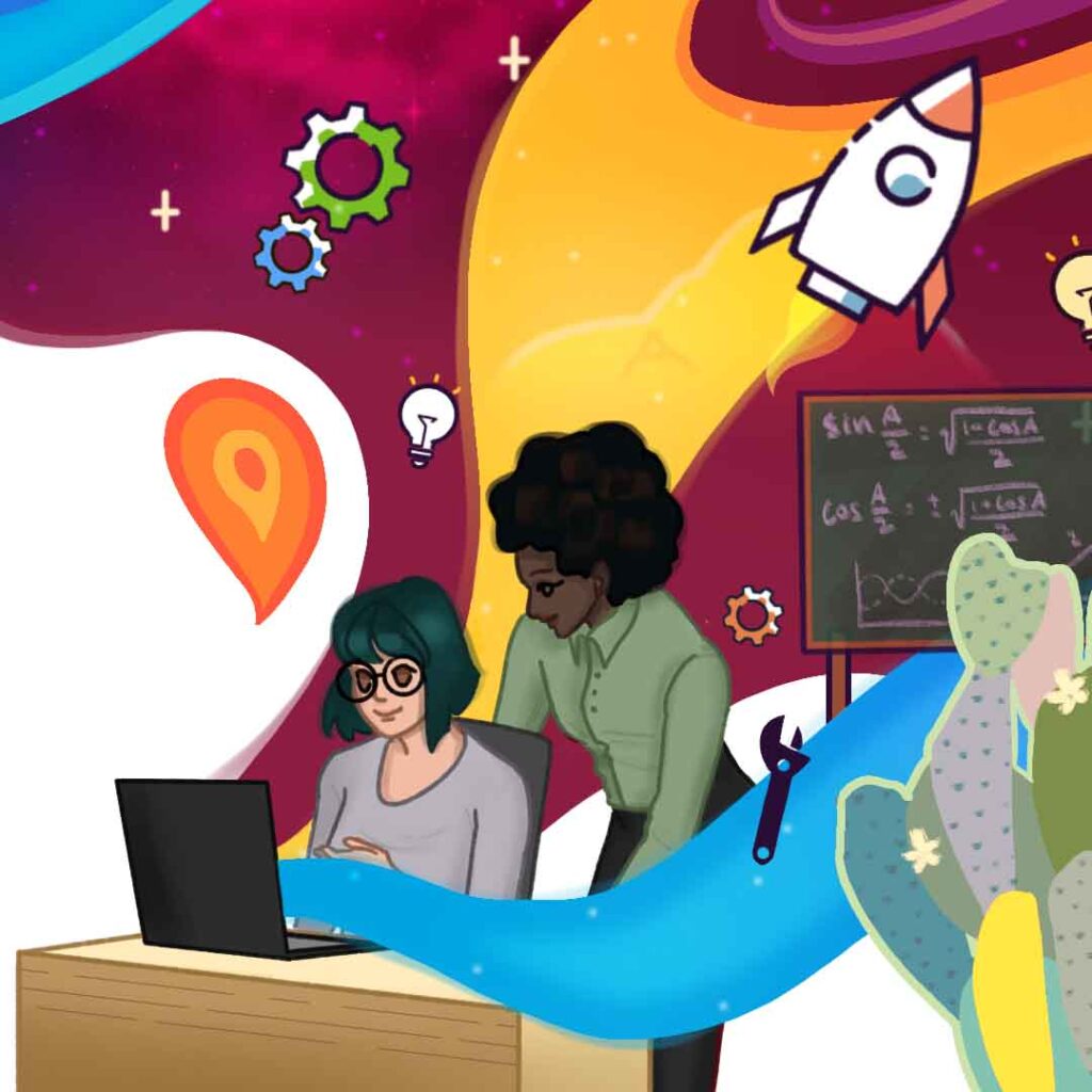 Colorful graphic of two women, a teacher and student, pleasantly working at a laptop together