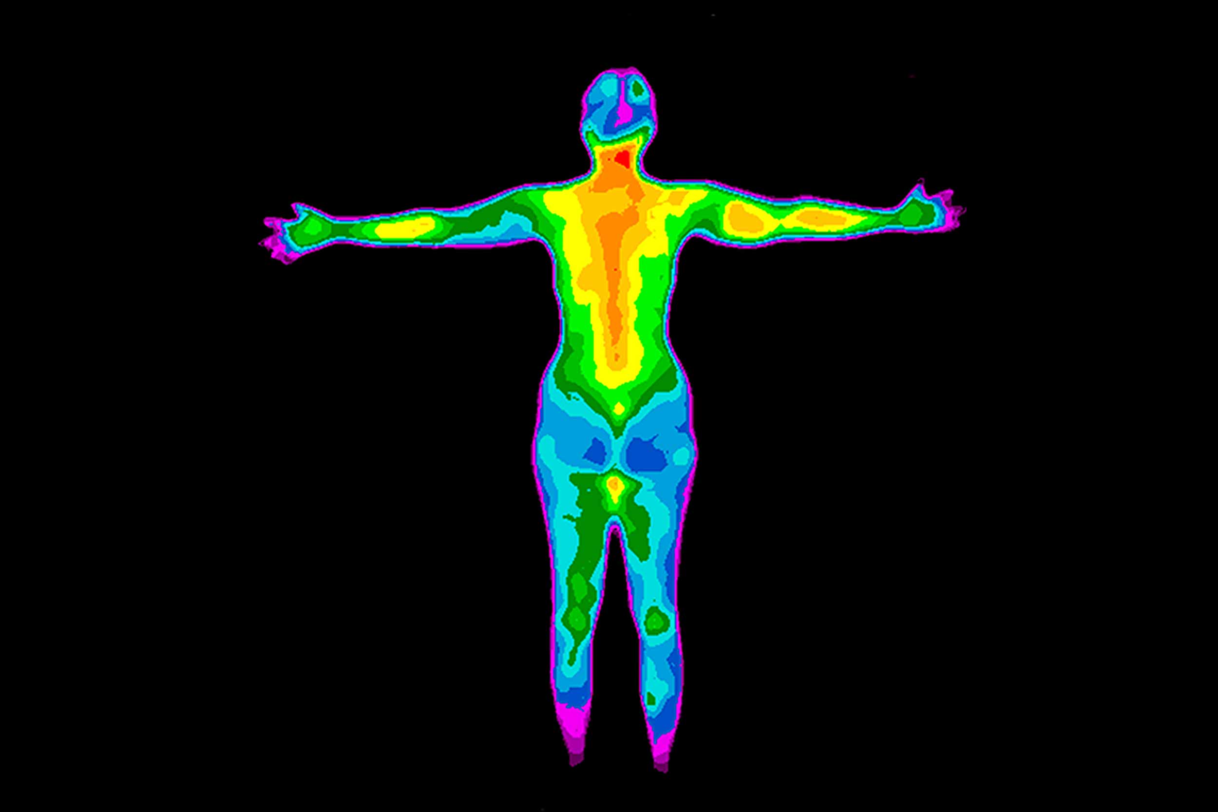 Multi-colored thermal imaging of a human body on a black background