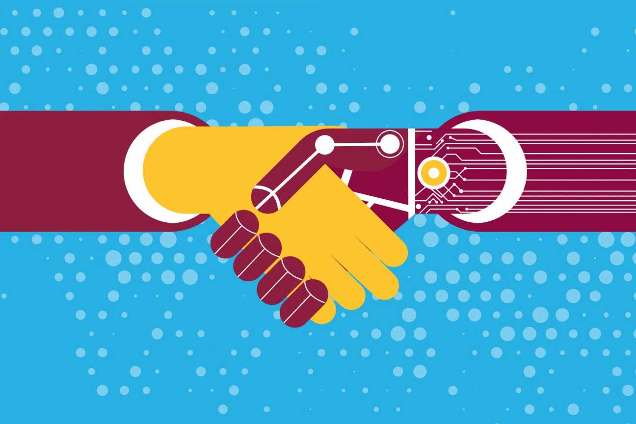 Stylized graphic of a robot and human shaking hands