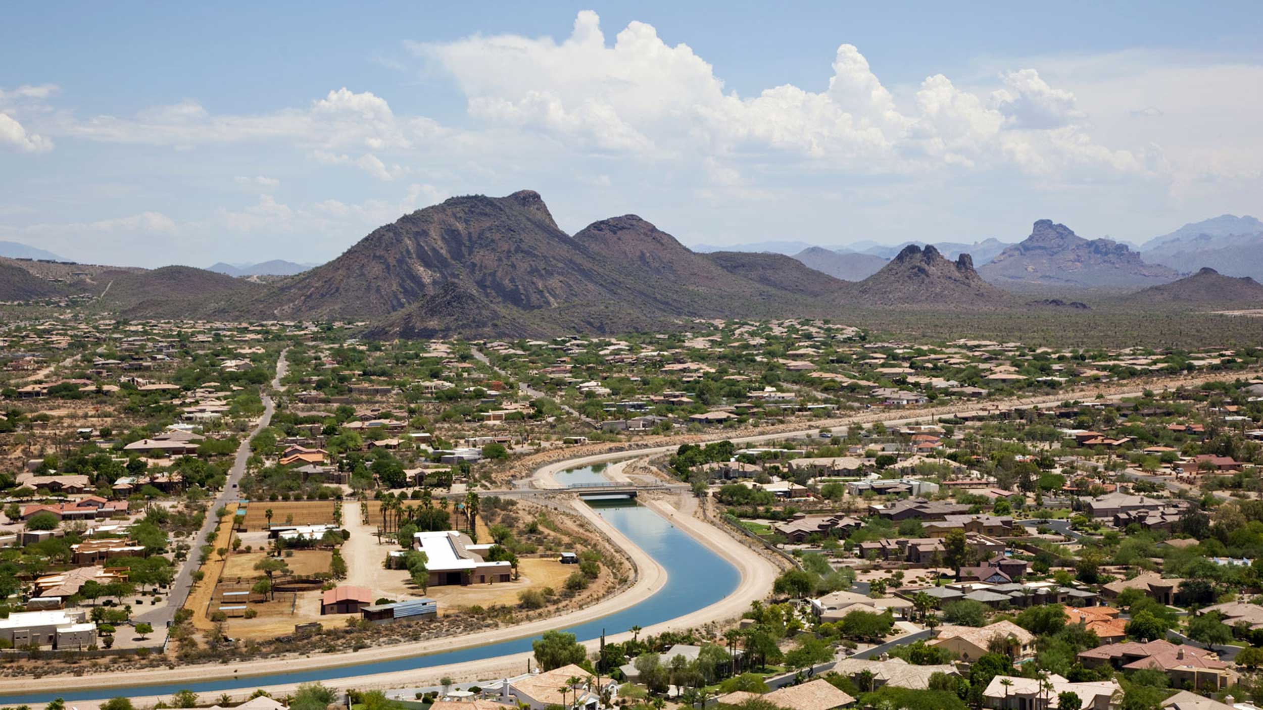 Aerial photo of an engineered canal in the Phoenix metropolitan area.