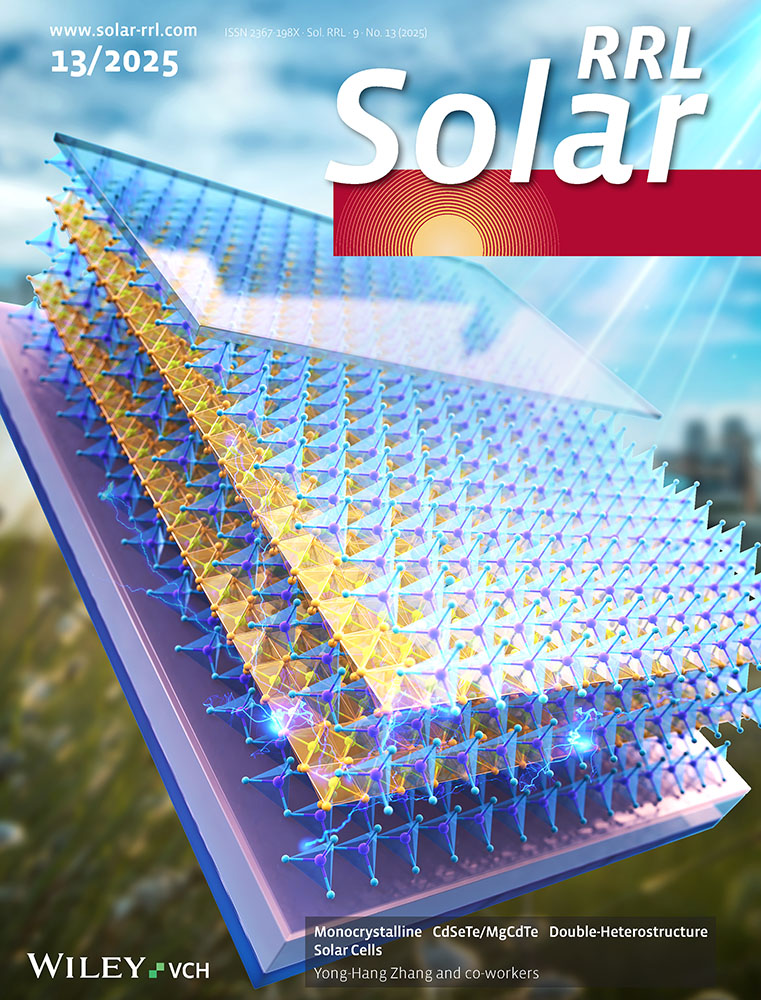 Cover image for the RRL Solar journal, featuring a stylized graphic of monocrystalline solar cells, in "exploded" view, where you can see the layered structure, all against a blurry "sunny field" backdrop.